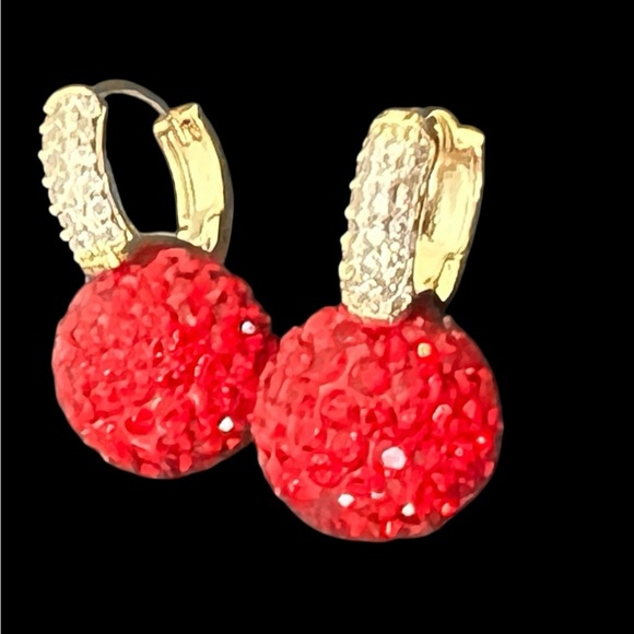 Red Christmas earrings gold plated paved clear CZ - Picture 2 of 8